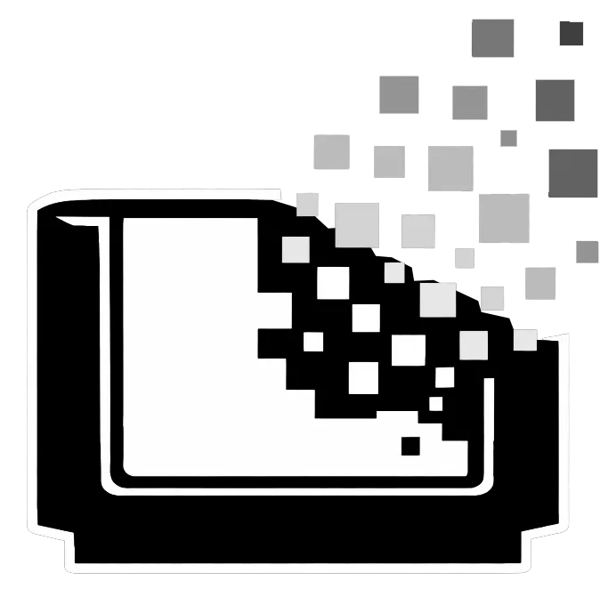 Forgotten Cartridge mark: a black and white game cartridge breaking into grey pixels.